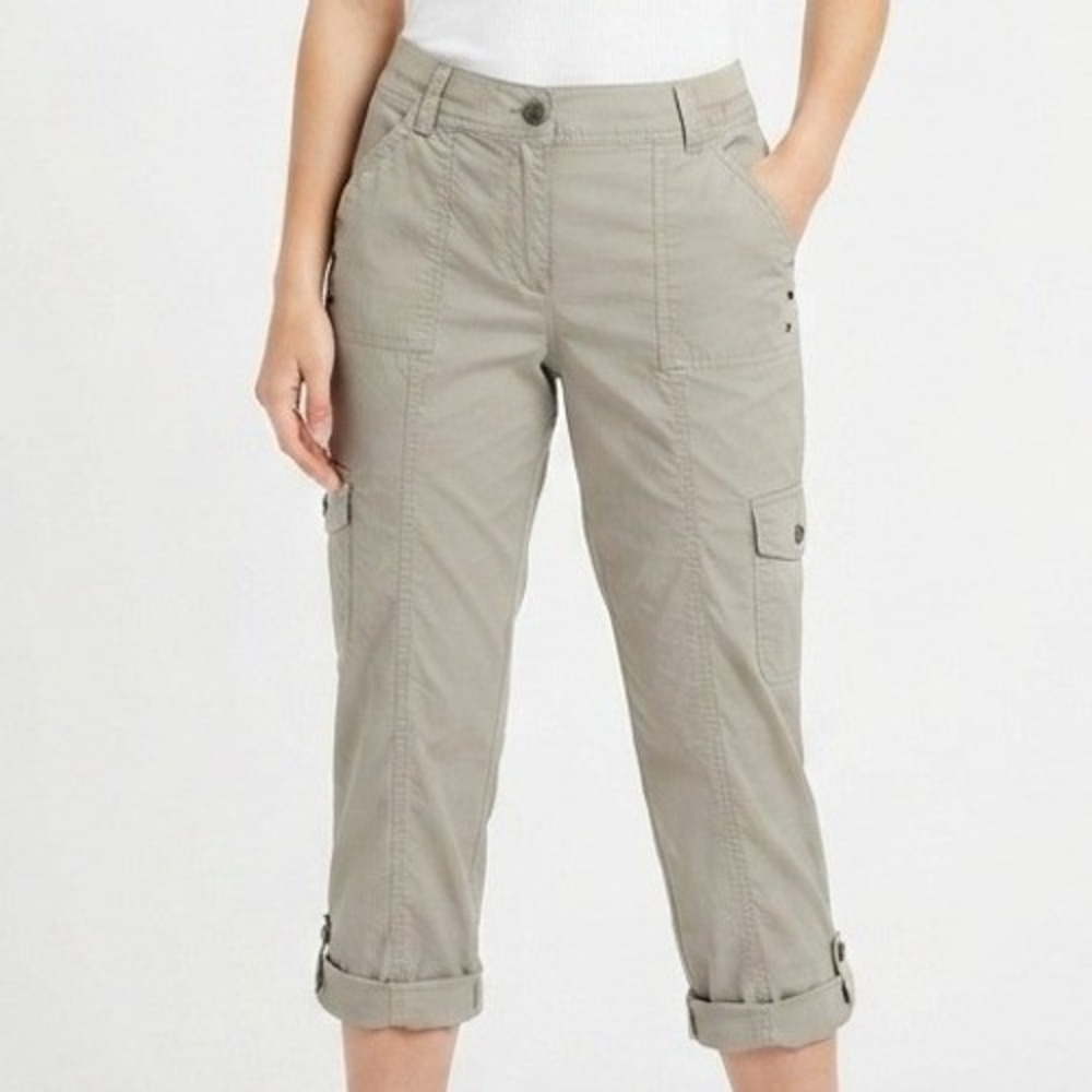 Chico's Cargo Crop Pants Women 0.5 Small‎ Olive Green Utility Cuffed Trousers
